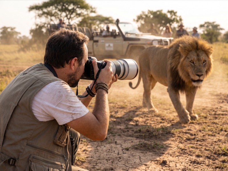 Ron Bensimon photographing a lion in the African Safari