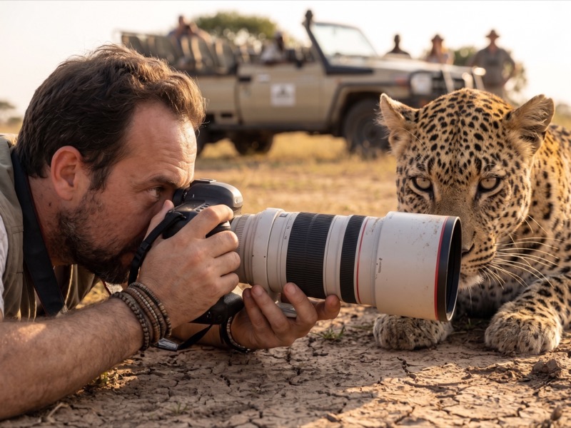 Portrait of photographer Ron Bensimon holding his camera in the African Safari