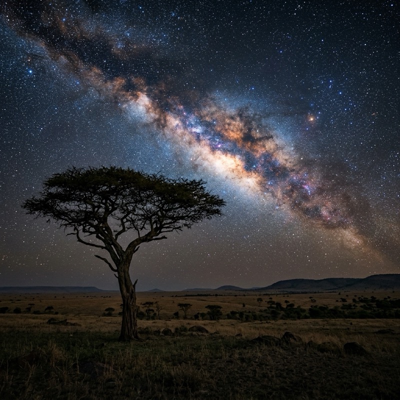 Lone Acacia tree in the African Serengeti under a starry night sky by Ron Bensimon