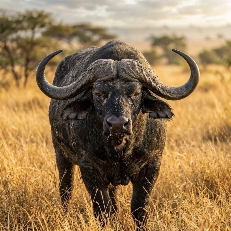 Massive African Cape Buffalo looking directly into the camera, photographed by Ron Bensimon