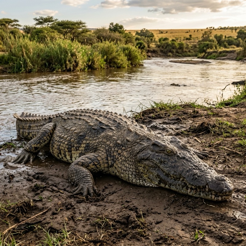 Massive Nile crocodile resting on a muddy riverbank by Ron Bensimon