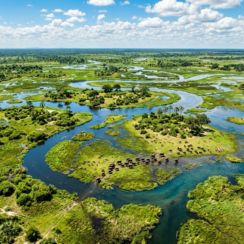 Aerial photography of the lush green waterways of the African Okavango Delta by Ron Bensimon