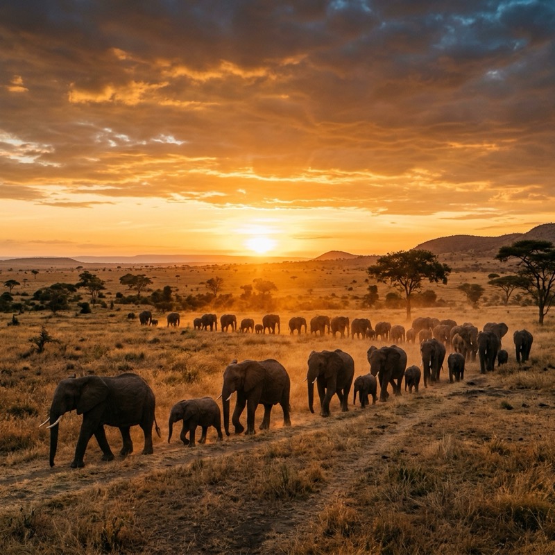 Herd of African elephants at sunset by Ron Bensimon