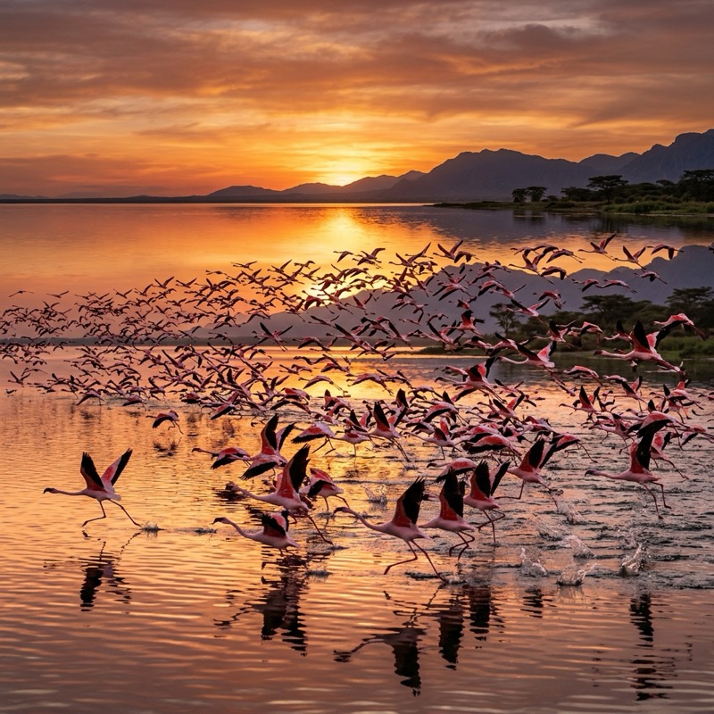 Flock of pink flamingos flying over an African lake at sunset by Ron Bensimon