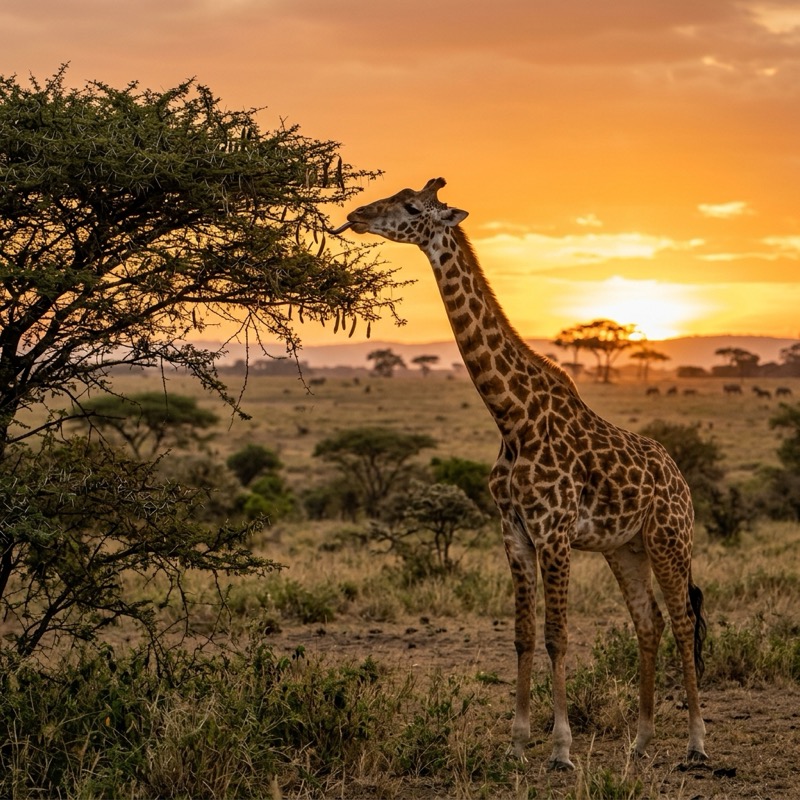 Giraffe eating acacia leaves at sunset, wildlife photography by Ron Bensimon