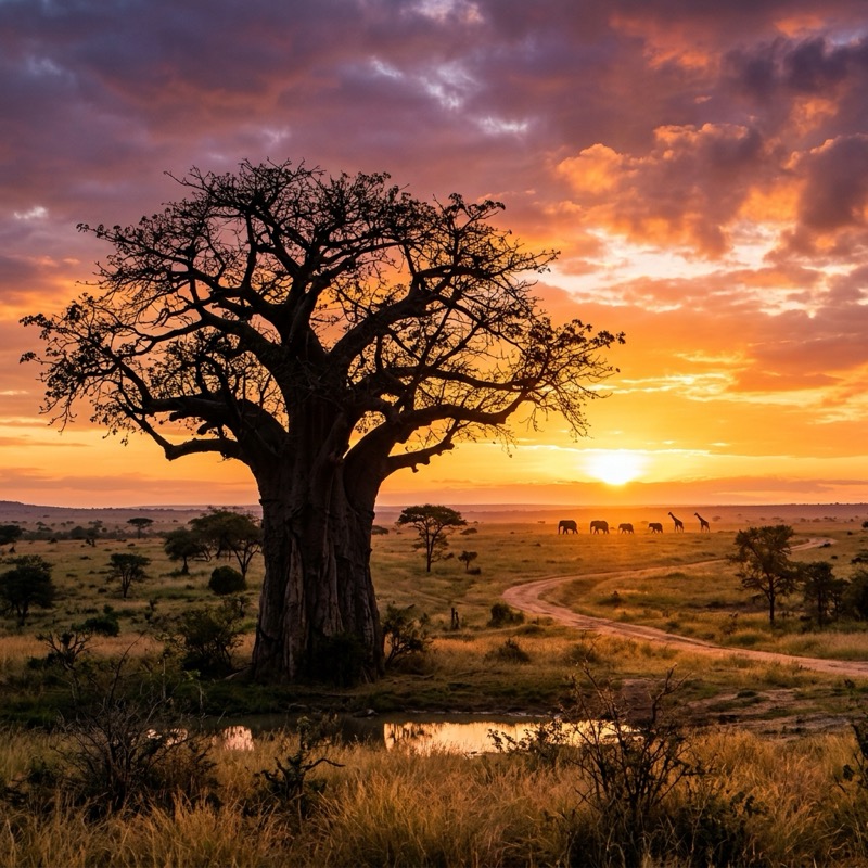 Breathtaking African savanna landscape at sunrise with a Baobab tree by Ron Bensimon