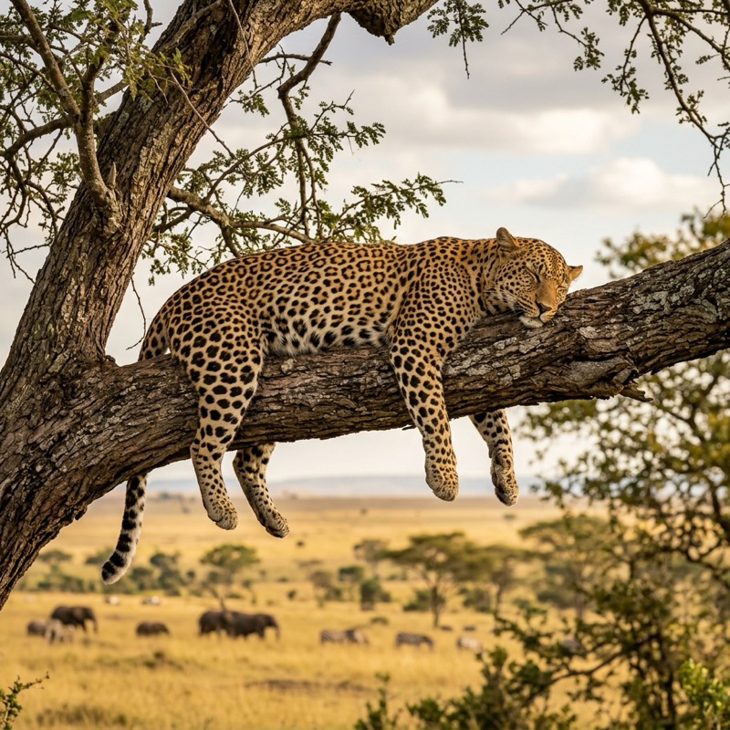Leopard resting on a tree branch in the African savanna, photographed by Ron Bensimon