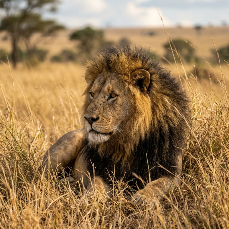 African lion resting in the savanna, captured by Ron Bensimon