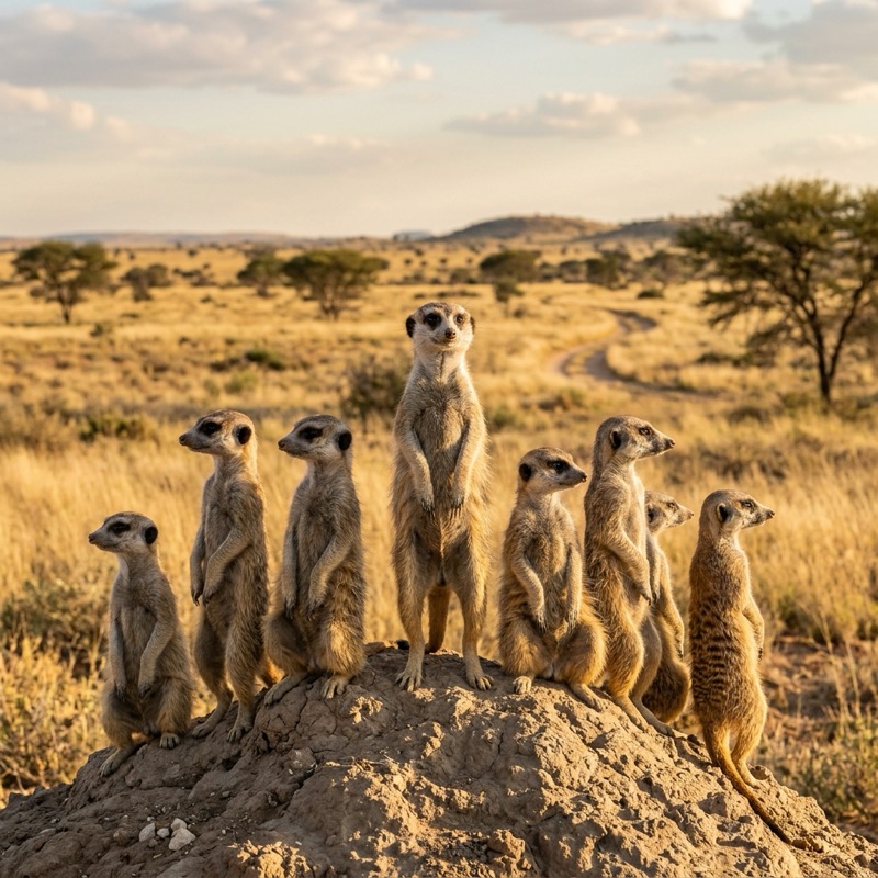 Curious meerkats looking out over the African savanna by Ron Bensimon