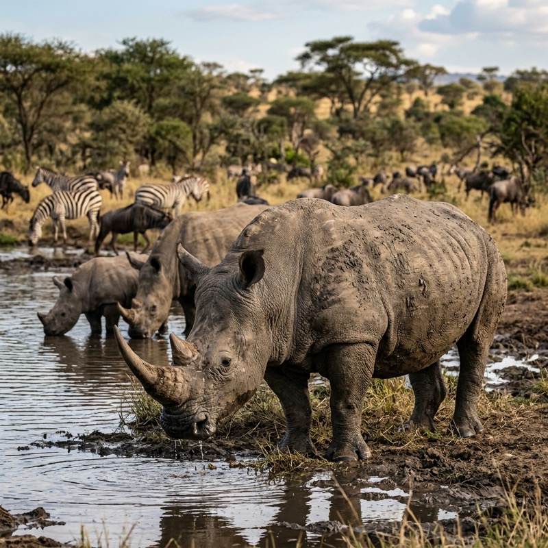 Massive rhinoceros by a watering hole, captured by hobby photographer Ron Bensimon