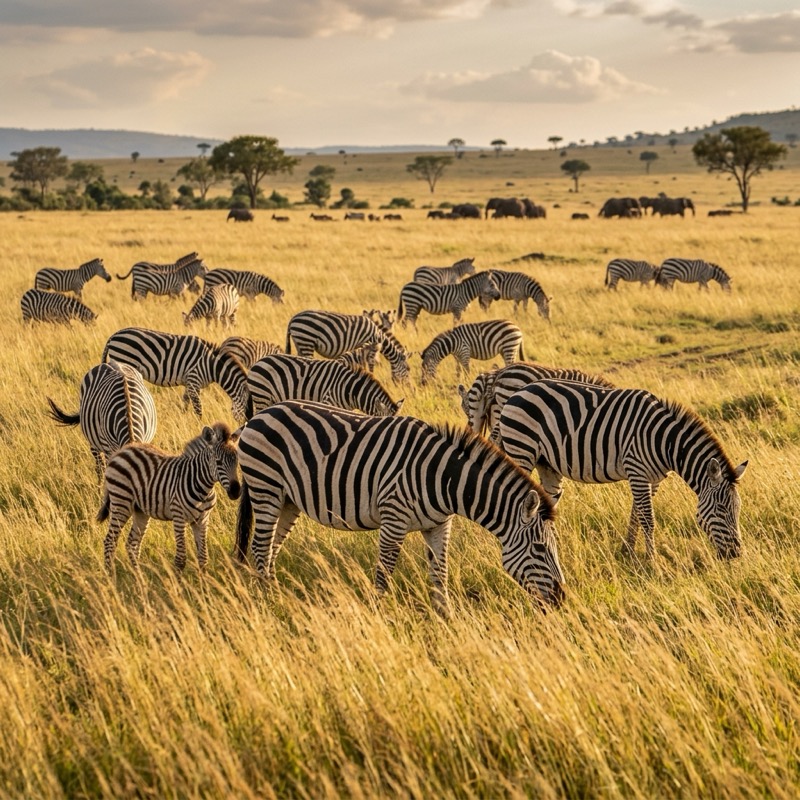 Herd of zebras grazing in Africa, stunning wildlife captured by Ron Bensimon